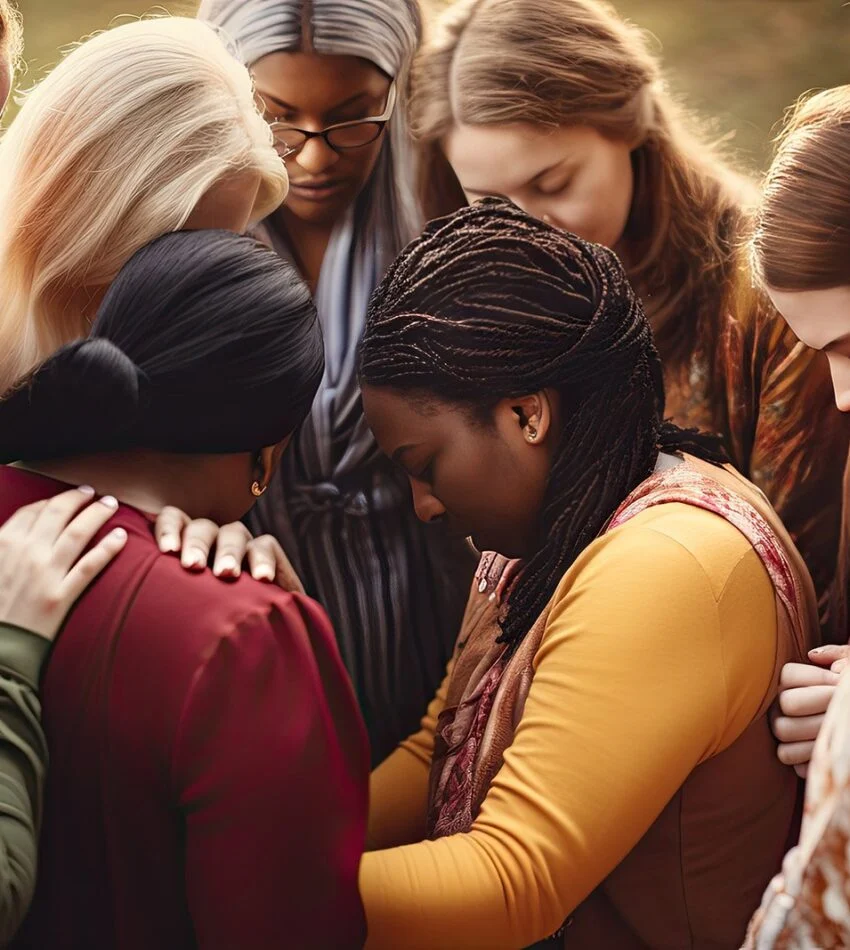 A circle of women praying with their hands on each other's shoulders